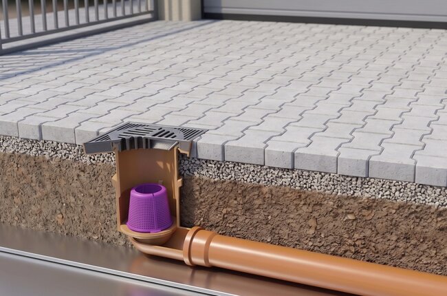 Cross-section diagram of a courtyard drain with a sediment trap under paving stones.