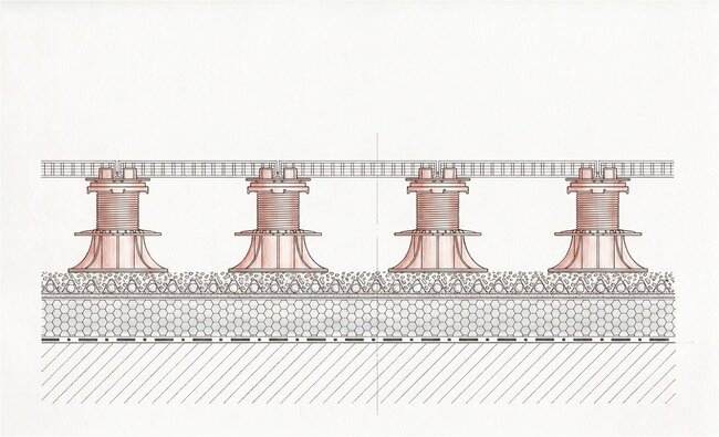 Technical drawing of installation of terrace pavers on adjustable pedestals.