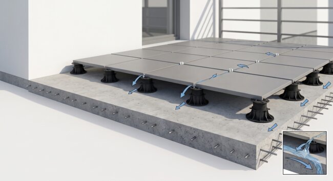 Terrace pedestals adjustable for porcelain tiles.