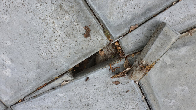 Displaced and damaged concrete pavers on the terrace.