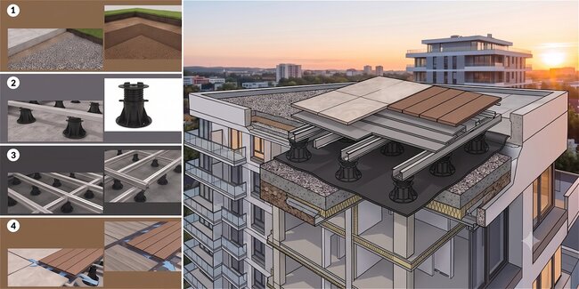 Cross-section of a raised deck terrace in a ventilated system