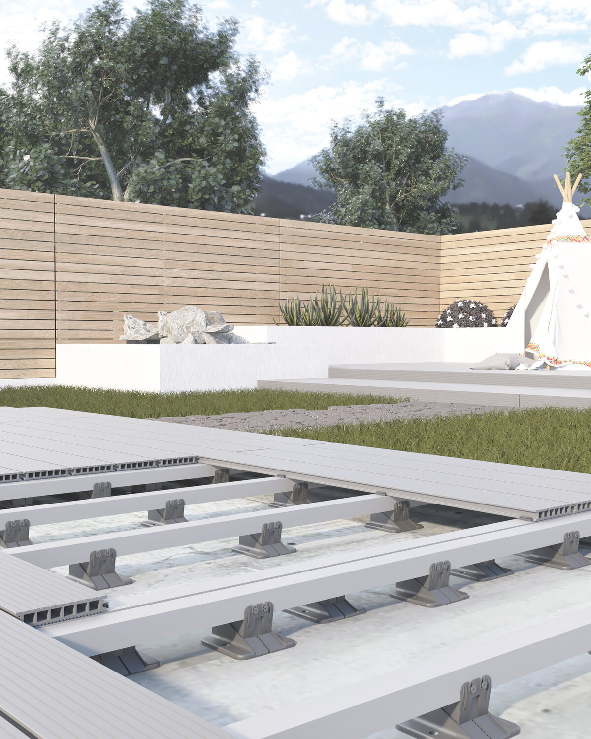 Terrace pedestals and joists for composite decking boards in the garden.
