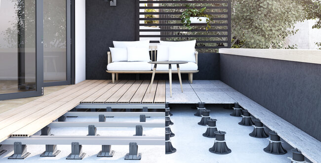 Cross-section of a raised deck terrace with pavers and boards on pedestals