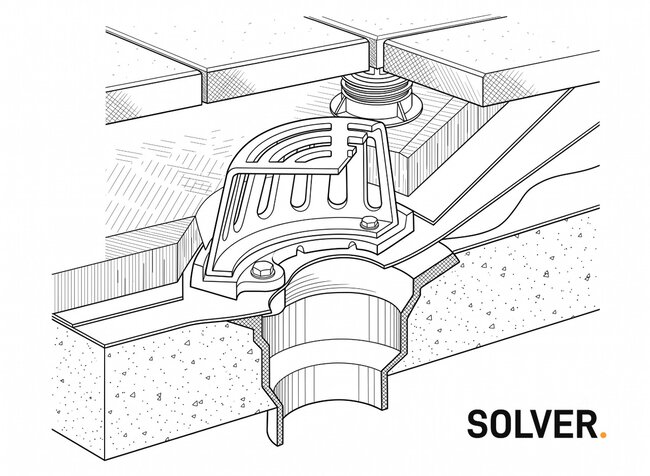 Technical drawing showing the installation of a roof drain in a raised deck terrace system.
