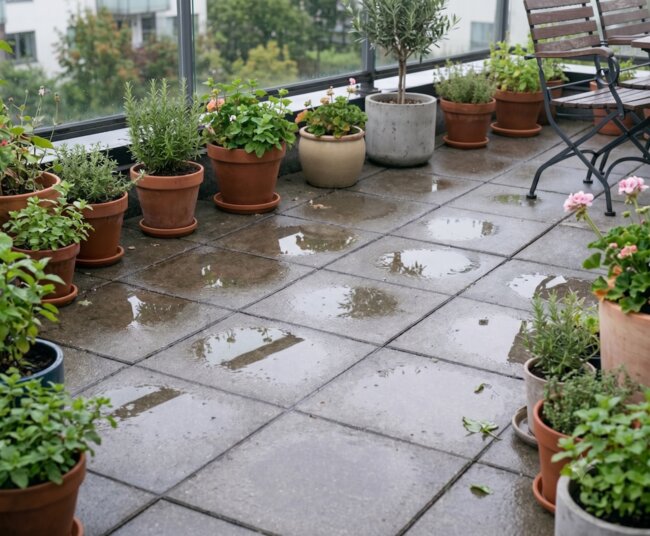 Puddles of standing water on gray terrace pavers in a balcony garden with potted plants
