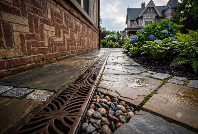 Perspective view of a drainage grate on a stone path next to a brick building.