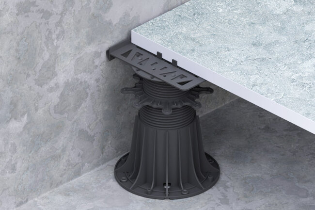 Up to wall clip for raised deck terraces on adjustable pedestal lime