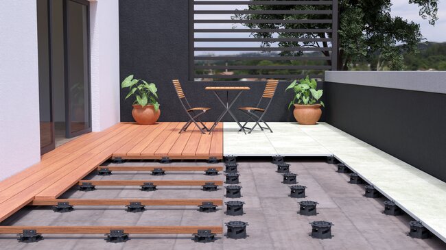 Modern raised deck terrace made of boards and pavers on SPIRAL pedestals