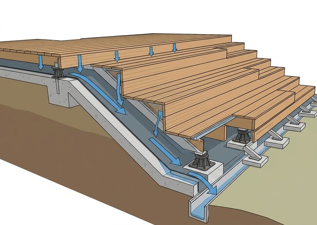 `Drainage and water flow diagram under wooden terrace stairs`