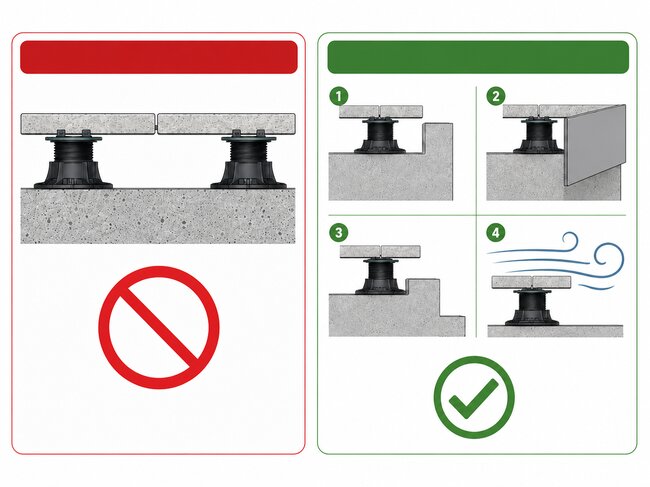 `Rules for the correct installation of a raised deck terrace on pedestals`