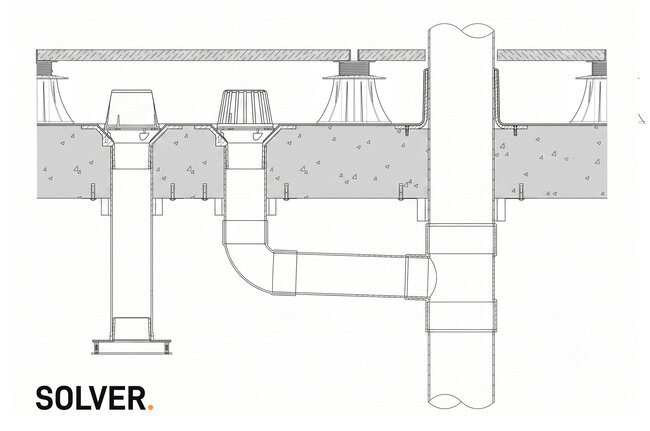 Technical architectural section drawing showing elevated paver pedestals, roof drains, and pipe drainage integration under raised terrace flooring by SOLVER.