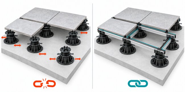 Comparison diagram of raised paving pedestal system without support rails vs linked aluminum rail system for outdoor tiles.