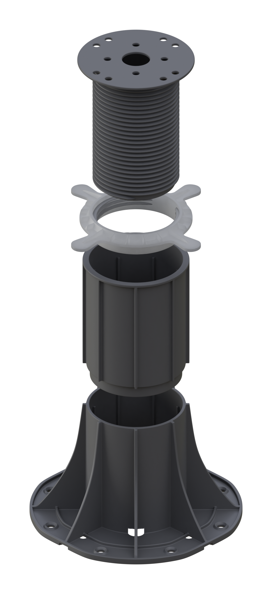 Exploded view diagram of an adjustable paving pedestal support.