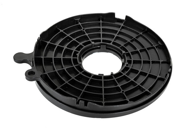 Black plastic slope corrector base for adjustable paving pedestals.
