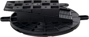 Low-profile adjustable deck pedestal head with slope corrector and joist attachment.