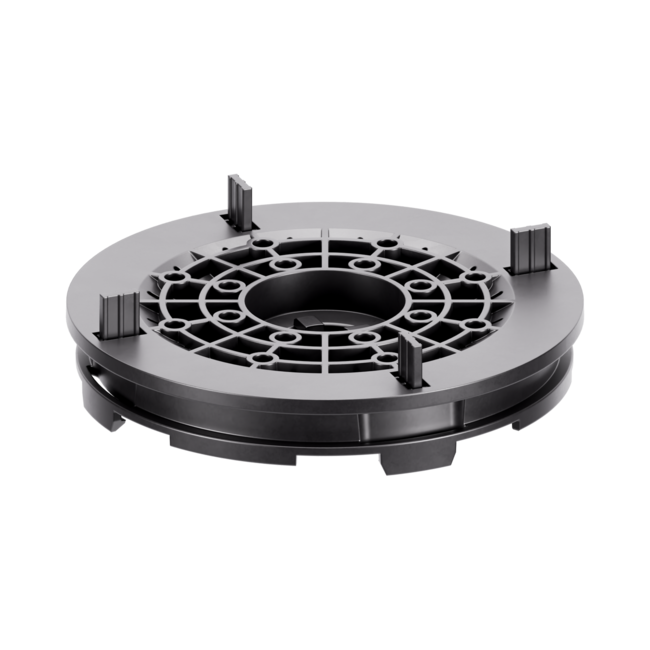 Low-profile plastic paver pedestal head with integrated spacer tabs.