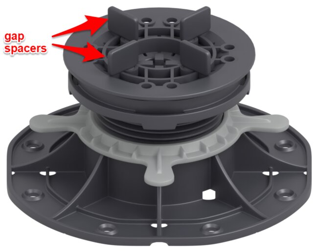 Adjustable plastic pedestal riser highlighting built-in gap spacers on top.