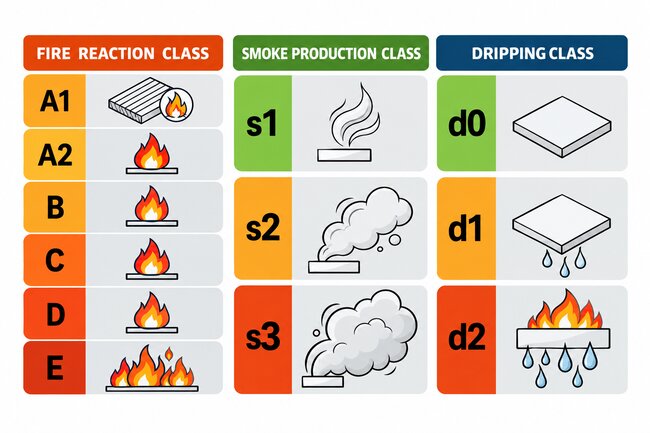 European fire classification chart showing reaction to fire, smoke production, and flaming droplets ratings for construction materials.
