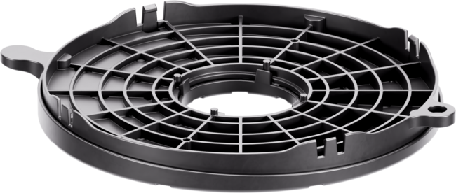 Circular black plastic base pad for an adjustable pedestal support system.
