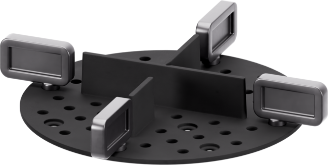 Circular spacer head component with four tile tabs for an adjustable pedestal support system.
