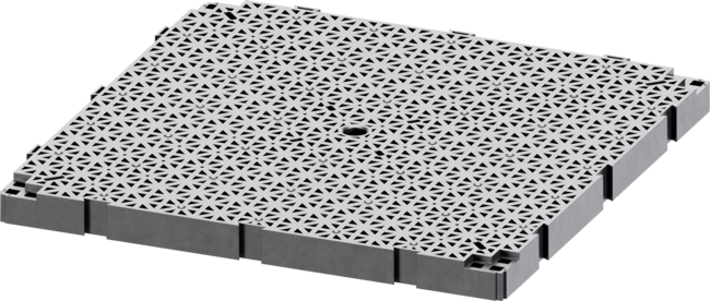 DeckSafe interlocking drainage subfloor panel for patio and deck installation.